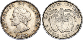 Colombia 50 Centavos 1892
KM# 187.2, N# 20599; Silver; AUNC, nice toning.