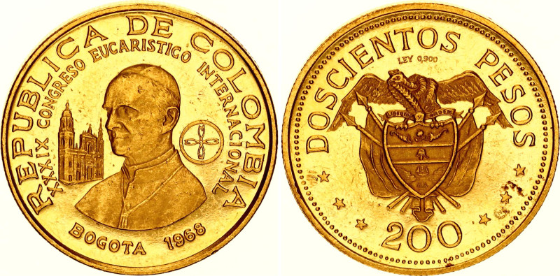 Colombia 200 Pesos 1968
KM# 232, N# 53282; Gold (.900) 8.60 g.; 39th Internatio...