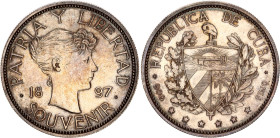 Cuba 1 Souvenir Peso 1897
X# M2, N# 70511; Silver 22.52 g.; On 1897 the "1 Peso" denomination was replaced by the word "Souvenir", as US Government w...