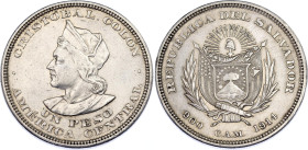 El Salvador 1 Peso 1914 C.A.M.
KM# 115, N# 24742; Silver; AUNC. Rare condition.