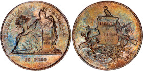 Guatemala 1 Peso 1873
KM# 197.1; N# 26396; Silver; Mintage 78000 pcs; XF-AU, with nice toning. Rare in this condition.