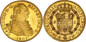 Mexico 8 Escudos 1801 FM
KM# 159, N# 15006; Gold (.875) 27.07 g.; Charles IV; UNC, full mint luster. Extremely rare condition for this coin.