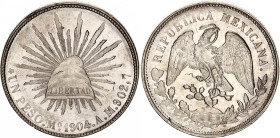 Mexico 1 Peso 1902 Mo AM
KM# 409.2, N# 11588; Silver; Mexico Mint; UNC, weak struck, mint luster. Rare in this condition.