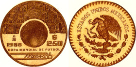 Mexico 250 Pesos 1986 Mo
KM# 500.2, N# 56858; Gold (.900) 8.65 g.; FIFA World Cup - Mexico 1986; Proof