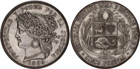 Peru 5 Pesetas 1880 BF
KM# 201.1, N# 18647; Silver; UNC Toned. Extremely rare in this condition.