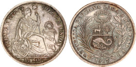 Peru 1/2 Sol 1917 FG JR Double Strike PCGS MS 65+
KM# 203, N# 9092; Silver; UNC with amazing toning