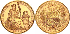 Peru 100 Soles Oro 1964
KM# 231, N# 46426; Gold (.900) 46.81 g.; Mintage 11'000; UNC