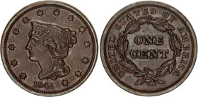 United States 1 Cent 1841
KM# 67, N# 982; Copper; "Liberty Head / Braided Hair Cent"; Philadelphia Mint; AUNC/UNC Toned