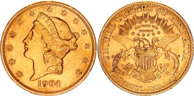 United States 20 Dollars 1904
KM# 74.3, N# 23125; Gold (.900) 33.44 g.; "Liberty Head - Double Eagle" with Motto; Philadelphia Mint; AUNC