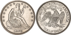 United States Half Dollar 1870
KM# 99, N# 15174; Silver; "Seated Liberty Half Dollar" with motto; Philadelphia Mint; AUNC.