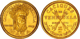 Venezuela 5 Bolivares 1962 (ND) Medallic Issue
X# MB124; Gold (.900) 1.50 g.; Indian Chiefs of Venezuela - Mara; UNC