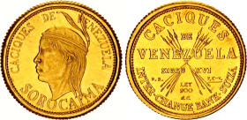 Venezuela 5 Bolivares 1962 (ND) Medallic Issue
X# MB126; Gold (.900) 1.47 g.; Indian Chiefs of Venezuela - Sorocaima; UNC