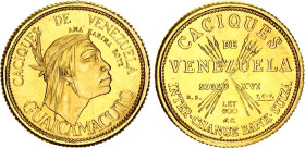 Venezuela 5 Bolivares 1962 (ND) Medallic Issue
X# MB129; Gold (.900) 1.50 g.; Indian Chiefs of Venezuela - Guaicamacuto; UNC