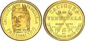 Venezuela 5 Bolivares 1962 (ND) Medallic Issue
X# MB133; Gold (.900) 1.47 g.; Indian Chiefs of Venezuela - Paramaconi; UNC