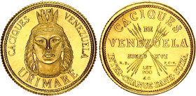 Venezuela 5 Bolivares 1962 (ND) Medallic Issue
X# MB137; Gold (.900) 1.48 g.; Indian Chiefs of Venezuela - Urimare; UNC