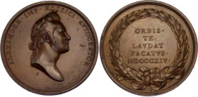 Russia Medal Alexander I Visit to London 1814
Diakov 384.1; Copper., 61.24 g., 54 mm; Engraver T. Webb,; Obv: ALEXANDER . IMP. ROSSICI. AVTOCRATOR, l...