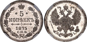 Russia 5 Kopeks 1875 СПБ НI NGC MS 63
Bit# 276, Conros# 170/38; Silver; UNC