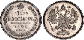 Russia 10 Kopeks 1861 СПБ NGC MS 61
Bit# 292, Conros# 162/23; Silver; UNC