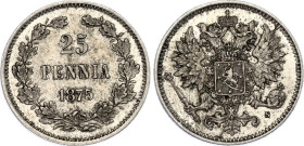 Russia - Finland 25 Pennia 1875 S
Bit# 649, N# 21085; Silver., 1.26 g.; Alexander II; A in PENNIA without diftong, rare varietis; AUNC, Toning