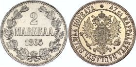 Russia - Finland 2 Markkaa 1865 S NGC MS 62
Bit# 617, N# 32440; Silver; Alexander II; UNC, full mint luster.