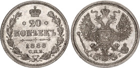Russia 20 Kopeks 1886 СПБ АГ
Bit# 105, Conros# 146/68; Silver 3.63 g.; UNC with hairlines
