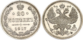 Russia 20 Kopeks 1917 BC R1
Bit# 119 R1, Conros# 146/94; Silver 3.74 g.; UNC with scratch