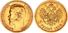 Russia 5 Roubles 1898 АГ
Bit# 20; Gold (.900) 4.30 g., 18.5 mm.; AUNC.