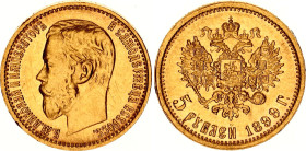 Russia 5 Roubles 1899 ЭБ
Bit# 23, Conros# 20/6; Gold (.900) 4.30 g.; AUNC+