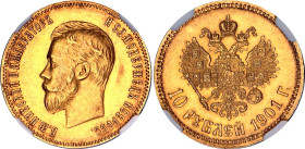 Russia 10 Roubles 1901 ФЗ NGC MS 62
Bit# 8, N# 18722; Gold 8.60 g.; Nicholas II; UNC