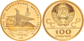 Russia - USSR 100 Roubles 1978 ЛМД
Y# 162, Schön# 114, CBR# 3217-0005, N# 49444; Gold (.900) 17.28 g.; 1980 Summer Olympics, Moscow - Waterside Grand...