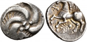 CELTIC, Central Europe. Vindelici. Mid 1st century BC. Quinarius (Silver, 15 mm, 1.63 g), 'B&#252;schelquinar' type. Head devolved into a bush. Rev. H...