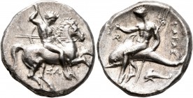 CALABRIA. Tarentum. Circa 315-302 BC. Didrachm or Nomos (Silver, 21 mm, 7.81 g, 6 h). Nude rider on horse galloping to right, stabbing with spear held...