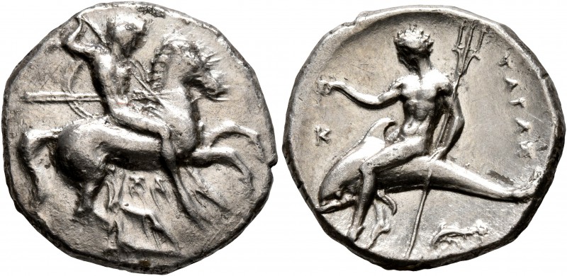 CALABRIA. Tarentum. Circa 302-280 BC. Didrachm or Nomos (Silver, 22 mm, 7.82 g, ...