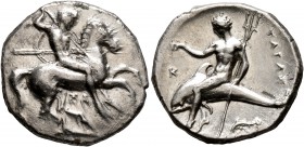 CALABRIA. Tarentum. Circa 302-280 BC. Didrachm or Nomos (Silver, 22 mm, 7.82 g, 9 h). Nude rider on horse galloping to right, stabbing with spear held...