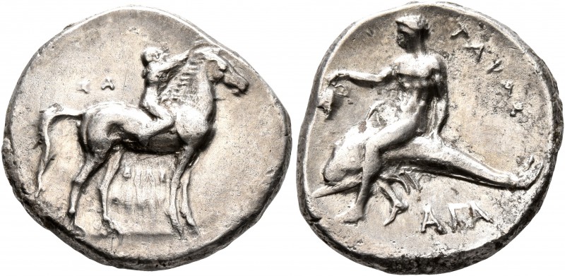 CALABRIA. Tarentum. Circa 302-280 BC. Didrachm or Nomos (Silver, 23 mm, 7.64 g, ...