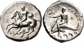 CALABRIA. Tarentum. Circa 280-272 BC. Didrachm or Nomos (Silver, 21 mm, 7.82 g, 10 h), Ey... and Philon, magistrates. Nude warrior on horseback left, ...