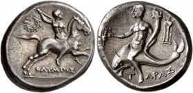 CALABRIA. Tarentum. Circa 240-228 BC. Didrachm or Nomos (Silver, 21 mm, 6.37 g, 6 h), Olympis, magistrate. OΛYMΠIΣ Nude rider on horse galloping to ri...
