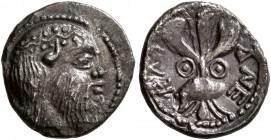 SICILY. Katane. Circa 461-450 BC. Litra (Silver, 12 mm, 0.77 g, 6 h). Head of Silenos to right, wearing wreath of ivy and an animal ear. Rev. KAT-ANE ...