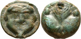 SICILY. Selinos. Circa 450-440 BC. Trias or Tetronkion (Bronze, 20 mm, 12.48 g, 12 h). Facing gorgoneion with protruding tongue. Rev. Selinon leaf; fo...