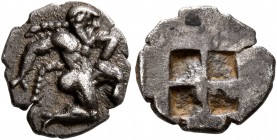 ISLANDS OFF THRACE, Thasos. Circa 500-480 BC. Diobol (Silver, 10 mm, 0.76 g). Satyr running right in kneeling stance. Rev. Quadripartite incuse square...
