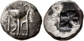 THRACO-MACEDONIAN REGION. Uncertain. Circa 500-480 BC. Tetrobol (Silver, 13 mm, 2.63 g). Tripod. Rev. Incuse square divided into seven sections. AMNG ...