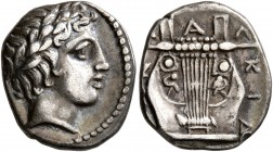 MACEDON, Chalkidian League. Circa 383/2 BC. Tetrobol (Silver, 15 mm, 2.36 g, 6 h), Olynthos. Laureate head of Apollo to right. Rev. XAΛKIΔ[EΩ]N Kithar...