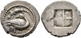MACEDON. Eion. Circa 460-400 BC. Trihemiobol (Silver, 12 mm, 0.99 g). Goose standing right, head to left; above, lizard left. Rev. Quadripartite incus...