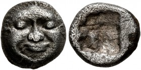 MACEDON. Neapolis. Circa 500-480 BC. Obol (Silver, 9 mm, 0.98 g). Facing gorgoneion. Rev. Rough square incuse. Rosen 381. SNG ANS 423. Somewhat granul...