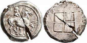KINGS OF MACEDON. Alexander I, 498-454 BC. Oktadrachm (Silver, 31 mm, 27.56 g), 492-480/79 BC. Horseman, wearing chlamys and petasos, holding two jave...