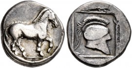 KINGS OF MACEDON. Perdikkas II, 451-413 BC. Tetrobol (Silver, 13 mm, 2.16 g, 6 h). Horse walking right. Rev. Crested helmet right within linear border...