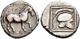 KINGS OF MACEDON. Perdikkas II, 451-413 BC. Tetrobol (Silver, 13 mm, 2.24 g, 12 h). Horse walking right. Rev. Crested helmet right within linear borde...