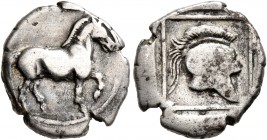 KINGS OF MACEDON. Perdikkas II, 451-413 BC. Tetrobol (Silver, 14 mm, 1.96 g, 12 h). Horse walking right. Rev. Crested helmet right within linear borde...