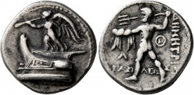 KINGS OF MACEDON. Demetrios I Poliorketes, 306-283 BC. Drachm (Silver, 17 mm, 4.13 g, 7 h), Tarsos, circa 298-295 BC. Nike standing left on prow of ga...