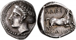 THESSALY. Larissa. Circa 420-400 BC. Drachm (Silver, 19 mm, 6.05 g, 3 h). Head of the nymph Larissa left, hair bound in sakkos, wearing single-pendant...